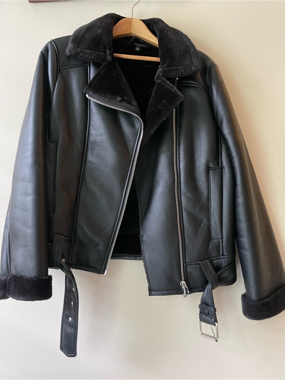 Topshop Black Faux Leather Bomber Jacket with Shearling Trim